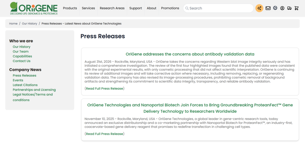 OriGene官方Press Releases页面截图（采集于2026-09-07）。供应商于2026年8月31日发布公开回应，宣布启动WB图像完整性调查，并修订内部图像处理流程，禁止为美观而移除背景伪影